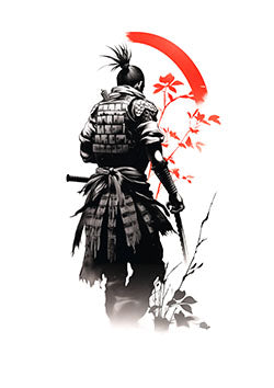 Tattoo template of a samurai with sword and red maple leaves