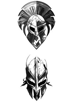 Tattoo template of a warrior helmet with intricate details and an imposing crest