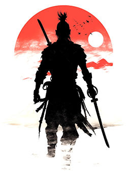 Tattoo template of a samurai silhouette with a red sun behind