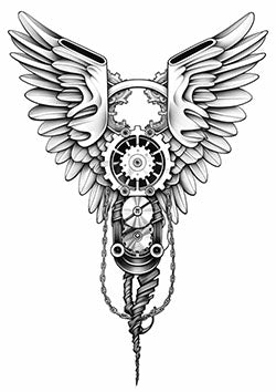 Tattoo template of a steampunk angel with gears and majestic wings