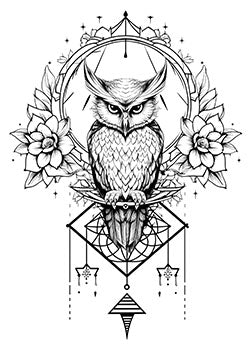 Tattoo template of an owl with geometric and floral elements