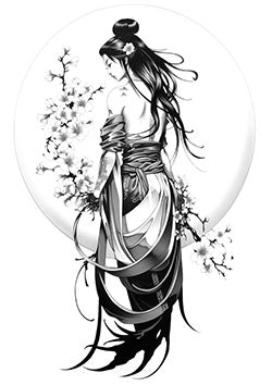 Tattoo template of a geisha with cherry blossoms