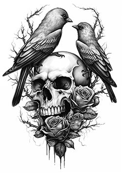 Tattoo template of a skull with roses and two birds perched on top