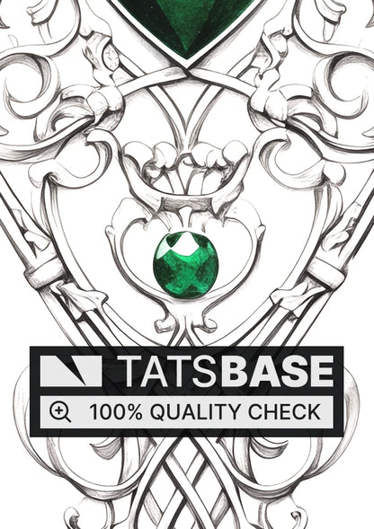 Tattoo template of a heart-shaped emerald with intricate filigree and jewel accents