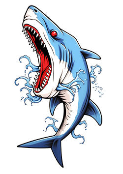 Tattoo template of a fierce shark emerging from water with aggression and splashes.