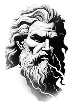 Tattoo template of a Zeus portrait with intense gaze and lightning bolts