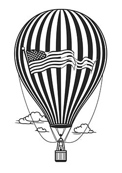 Tattoo template of a striped hot air balloon with an American flag floating among clouds.