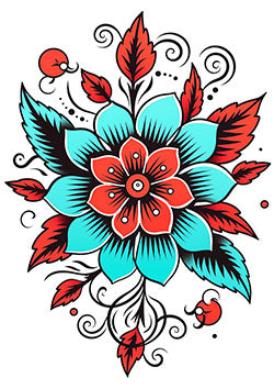 Tattoo template of a colorful flower with turquoise and red petals surrounded by intricate swirls and floral elements