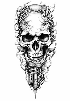 Tattoo template of a skull with mechanical and organic elements intertwined