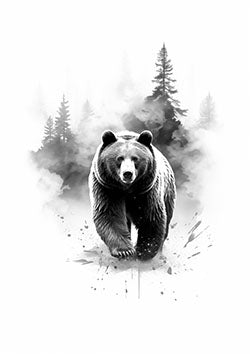 Tattoo template of a bear with a forest backdrop