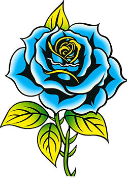 Tattoo template of a blue rose with green and yellow leaves, representing calmness and growth