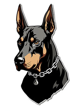 Tattoo template of a Doberman head with a chain collar, symbolizing strength and loyalty