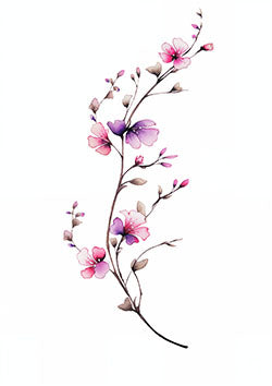 Tattoo template of a floral branch with pink and purple blossoms