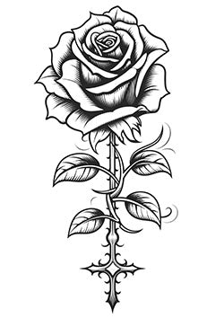 Tattoo template of a detailed rose with a thorny stem, representing love and resilience