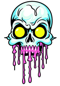 Tattoo template of a eerie blue skull with neon yellow eyes and pink dripping goo