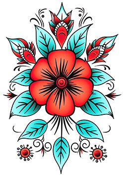 Tattoo template of a red flower with teal leaves in traditional style