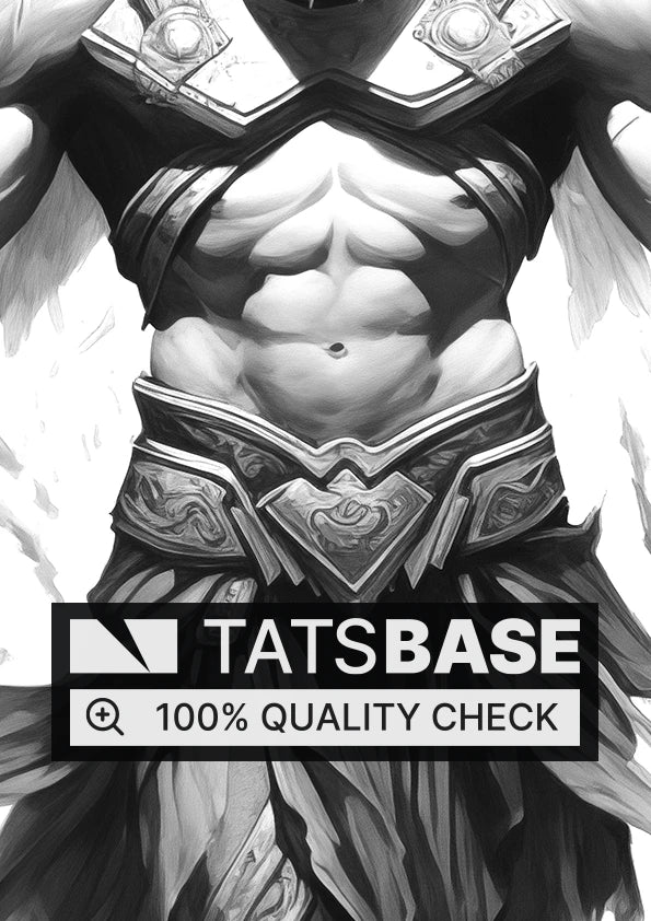 Tattoo template of a winged warrior in ancient armor with a powerful aura