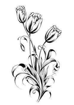 Tattoo template of stylized tulips with leaves and buds