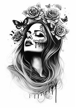 Tattoo template of a woman adorned with roses and butterflies, exuding elegance and mystique