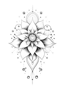 Tattoo template of a detailed black-and-white lotus flower with geometric elements for serenity