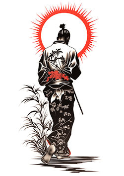 Tattoo template of a samurai with a sun halo in traditional dress