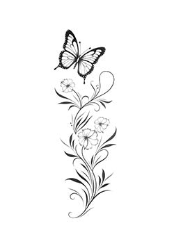 Tattoo template of a delicate butterfly fluttering above elegant flowers and swirling vines