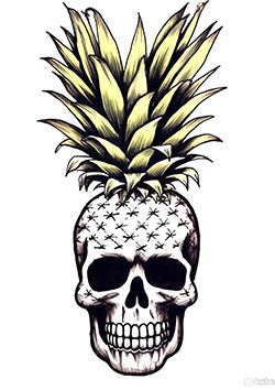 Tattoo template of a skull merging with a pineapple, representing a blend of life and mortality