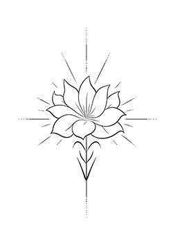 Tattoo template of a lotus flower with radiating lines representing enlightenment and purity