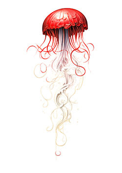 Tattoo template of a red jellyfish with flowing tentacles and intricate, delicate detailing