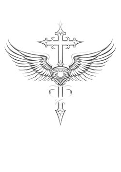 Tattoo template of a cross with angel wings and armor accents