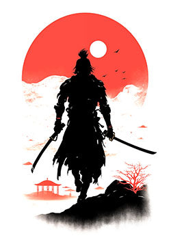 Tattoo template of a samurai silhouette with red sun background