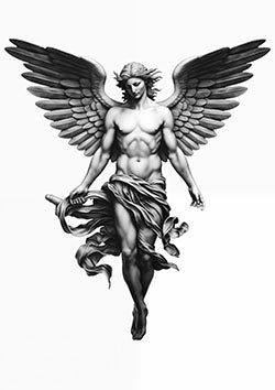 Tattoo template of a muscular angel with wings