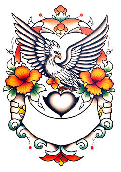 Tattoo template of a majestic eagle with open wings perched above a heart with vibrant blooming flowers