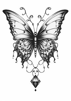 Tattoo template of an ornate butterfly with a jeweled accent