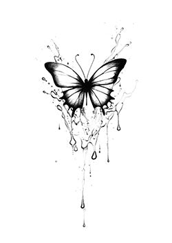 Tattoo template of a watercolor butterfly with splashes surrounding its wings