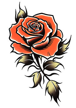 Tattoo template of a red rose with green leaves and intricate shading, representing passion and natural beauty