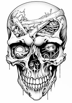 Tattoo template of a skull with mechanical and organic elements intertwining in a detailed design.