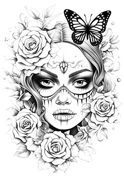 Tattoo template of a woman's face with sugar skull makeup, roses, and butterfly