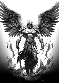 Tattoo template of an angel warrior with spread wings