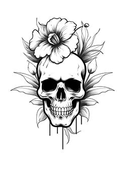 Tattoo template of a skull with a blooming flower entwined