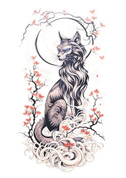 Tattoo template of a mystical feline with floral motifs