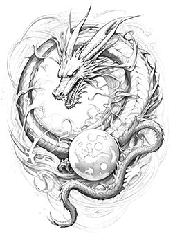 Tattoo template of a coiled dragon protecting an orb