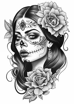 Tattoo template of a woman in Day of the Dead makeup surrounded by roses