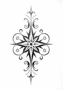 Tattoo template of a stylized floral compass with elegant swirls