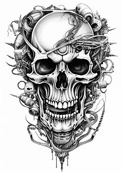 Tattoo template of a skull infused with cybernetic elements and technology