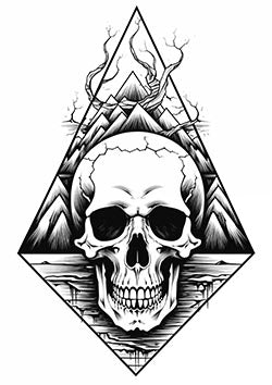 Tattoo template of a geometric design featuring a skull and mountains