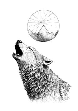 Tattoo template of a wolf howling with a stylized moon in the background