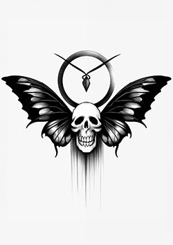 Tattoo template of a skull with butterfly wings symbolizing transformation and rebirth.