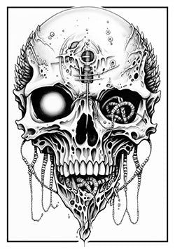 Tattoo template of a biomechanical skull with gears, cables, and spikes in a haunting design.