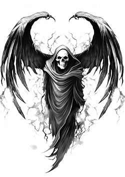 Tattoo template of a hooded skeleton with outstretched wings exuding an eerie and ominous presence